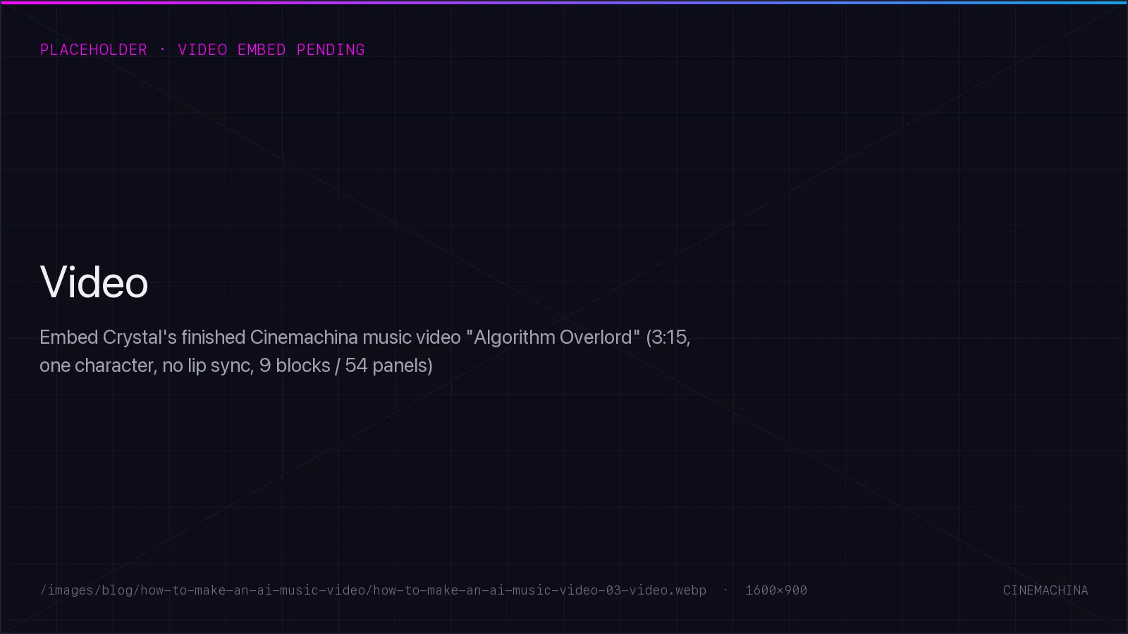 Video embed pending: Embed Crystal's finished Cinemachina music video "Algorithm Overlord" (3:15, one character, no lip sync, 9 blocks / 54 panels)