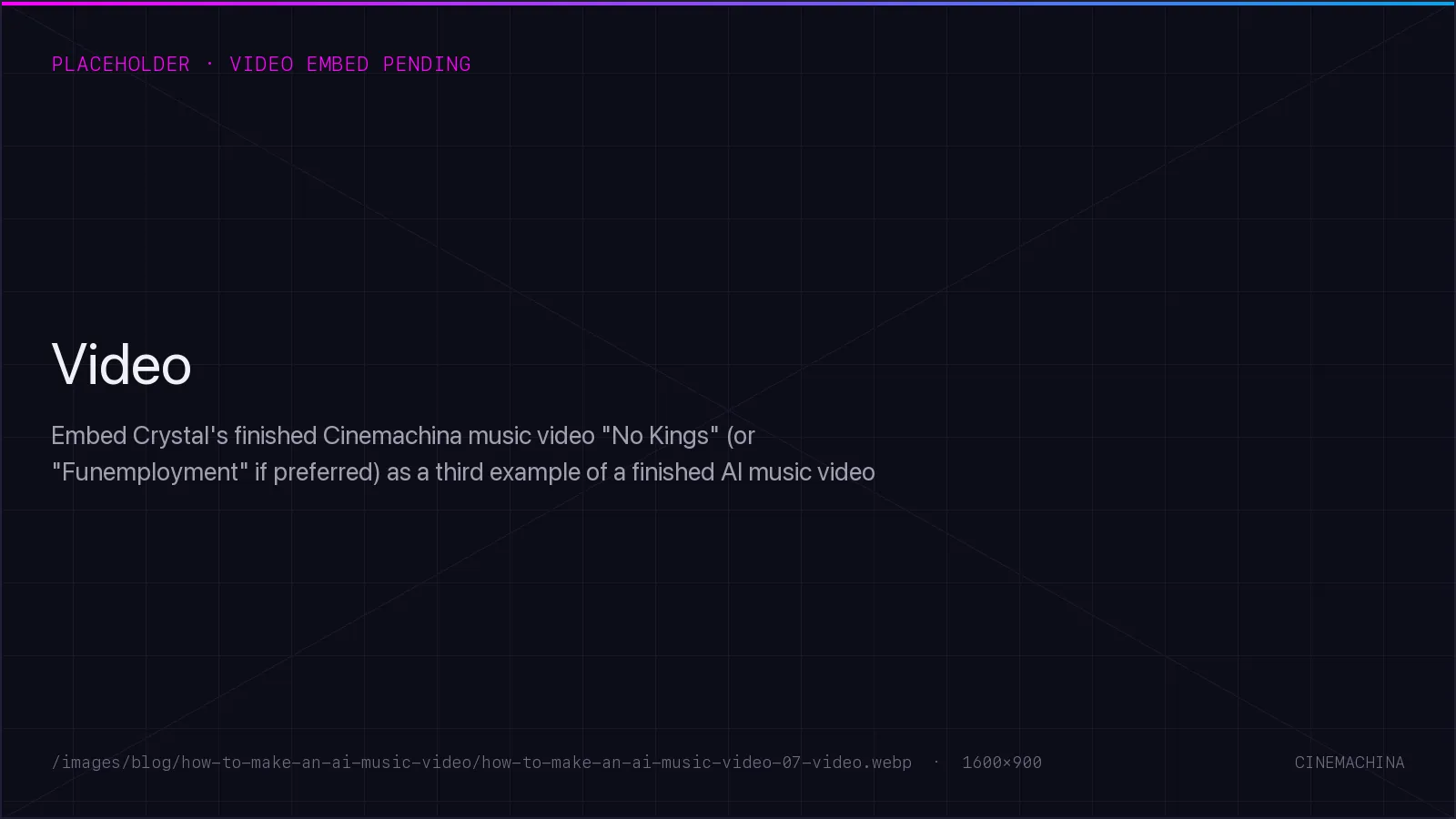 Video embed pending: Embed Crystal's finished Cinemachina music video "No Kings" (or "Funemployment" if preferred) as a third example of a finished AI music video