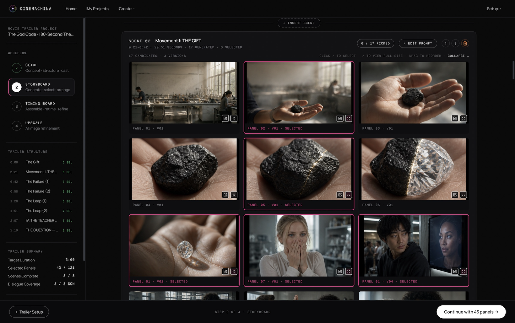 Cinemachina Storyboard Studio showing a scene's storyboard candidates exploring different shots and angles, with selected panels highlighted and the trailer structure alongside